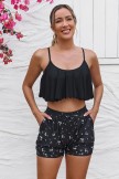 Black Scoop Neck Ruffled Hem Cute Bikini Top And HighWaist Boy Shorts Set