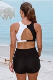 Black & White Coloblock Vneck Mesh Patchwork Sporty Bikini Top And HighWaist Boy Shorts Set