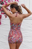 Red Floral Twist Front Halter Strap Ruching Tummy Control Casual OnePiece Swimsuit