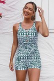 Green Geometric Scoop Neck Wide Straps Button Belt OnePiece Swimsuit