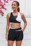 Black & White Coloblock Vneck Mesh Patchwork Sporty Bikini Top And HighWaist Boy Shorts Set