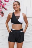 Black & White Coloblock Vneck Mesh Patchwork Sporty Bikini Top And HighWaist Boy Shorts Set