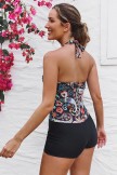 Black Floral Halter Strap Twist Front Ruching Tummy Control Casual OnePiece Swimsuit