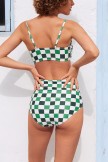 Green And White Plaid Print Scoop Neck Bikini Top And HighWaisted Ruching Bottom