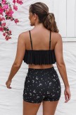 Black Scoop Neck Ruffled Hem Cute Bikini Top And HighWaist Boy Shorts Set