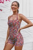 Red Floral Twist Front Halter Strap Ruching Tummy Control Casual OnePiece Swimsuit