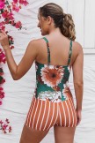 Colorful Floral & Orange Stripe Adjustable Straps Sweetheart Neck Ruching Tummy Control Casual OnePiece Swimsuit