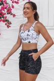 White Scoop Neck Adjustable Straps Zipper Front Bikini Top And HighWaist Boy Shorts Set