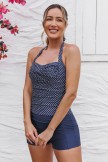 Blue Polka Dot Halter Strap Twist Front Ruching Tummy Control Casual OnePiece Swimsuit