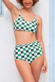 Green And White Plaid Print Scoop Neck Bikini Top And HighWaisted Ruching Bottom