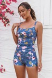 Blue Floral Sweetheart Neck Twist Front Ruching Tummy Control Casual OnePiece Swimsuit