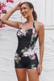 Black Floral Halter Strap Twist Front Ruching Tummy Control Casual OnePiece Swimsuit