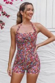 Red Floral Twist Front Halter Strap Ruching Tummy Control Casual OnePiece Swimsuit