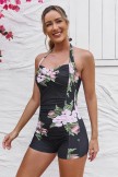 Black Floral Halter Strap Twist Front Ruching Tummy Control Casual OnePiece Swimsuit