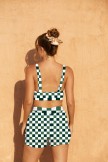 Light Green Lattice Square Neck Wide Straps Sporty Bikini Top And HighWaist Boy Shorts Set