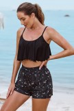 Black Scoop Neck Ruffled Hem Cute Bikini Top And HighWaist Boy Shorts Set