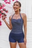 Blue Polka Dot Halter Strap Twist Front Ruching Tummy Control Casual OnePiece Swimsuit