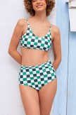 Green And White Plaid Print Scoop Neck Bikini Top And HighWaisted Ruching Bottom