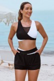 Black & White Coloblock Vneck Mesh Patchwork Sporty Bikini Top And HighWaist Boy Shorts Set