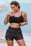 Black Scoop Neck Ruffled Hem Cute Bikini Top And HighWaist Boy Shorts Set