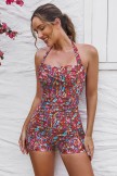 Red Floral Twist Front Halter Strap Ruching Tummy Control Casual OnePiece Swimsuit