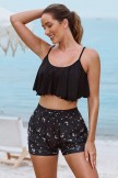 Black Scoop Neck Ruffled Hem Cute Bikini Top And HighWaist Boy Shorts Set