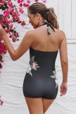 Black Floral Halter Strap Twist Front Ruching Tummy Control Casual OnePiece Swimsuit