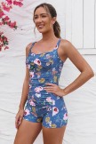 Blue Floral Sweetheart Neck Twist Front Ruching Tummy Control Casual OnePiece Swimsuit