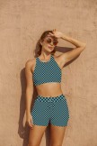 Green Lattice Round Neck Wide Straps Sporty Bikini Top And HighWaist Boy Shorts Set