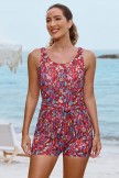 Red Floral Scoop Neck Wide Straps Button Belt OnePiece Swimsuit