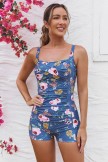 Blue Floral Sweetheart Neck Twist Front Ruching Tummy Control Casual OnePiece Swimsuit