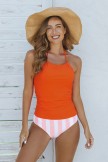 Solid Color Halter Straps Tankini Top With Striped Bottom