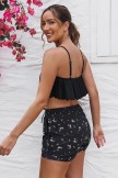 Black Scoop Neck Ruffled Hem Cute Bikini Top And HighWaist Boy Shorts Set