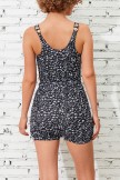 Black Floral Scoop Neck Wide Straps Button Belt OnePiece Swimsuit