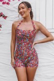 Red Floral Twist Front Halter Strap Ruching Tummy Control Casual OnePiece Swimsuit