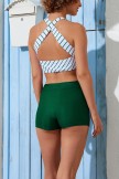 White Stripe Wide Straps Scoop Neck Bikini Top With Boy Shorts Sets