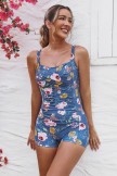 Blue Floral Sweetheart Neck Twist Front Ruching Tummy Control Casual OnePiece Swimsuit