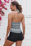 Black Geometric Halter Strap Twisted Front Ruching Tummy Control Casual OnePiece Swimsuit