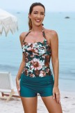 Floral Halter Strap Sweetheart Neck Ruching Tummy Control Casual OnePiece Swimsuit