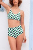 Green And White Plaid Print Scoop Neck Bikini Top And HighWaisted Ruching Bottom