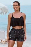 Black Scoop Neck Ruffled Hem Cute Bikini Top And HighWaist Boy Shorts Set