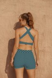 Green Lattice Round Neck Wide Straps Sporty Bikini Top And HighWaist Boy Shorts Set