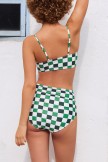 Green And White Plaid Print Scoop Neck Bikini Top And HighWaisted Ruching Bottom