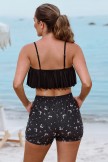 Black Scoop Neck Ruffled Hem Cute Bikini Top And HighWaist Boy Shorts Set