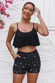 Black Scoop Neck Ruffled Hem Cute Bikini Top And HighWaist Boy Shorts Set