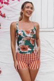 Colorful Floral & Orange Stripe Adjustable Straps Sweetheart Neck Ruching Tummy Control Casual OnePiece Swimsuit