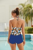 Colorful Floral Halter Strap Sweetheart Neck Ruching Tummy Control Casual OnePiece Swimsuit