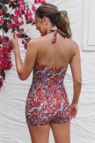 Red Floral Twist Front Halter Strap Ruching Tummy Control Casual OnePiece Swimsuit