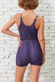 Solid Purple Scoop Neck Button Belt OnePiece Swimsuit