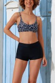 Black Floral Scoop Neck Adjustable straps Bikini Top And MidWaist Boy Shorts